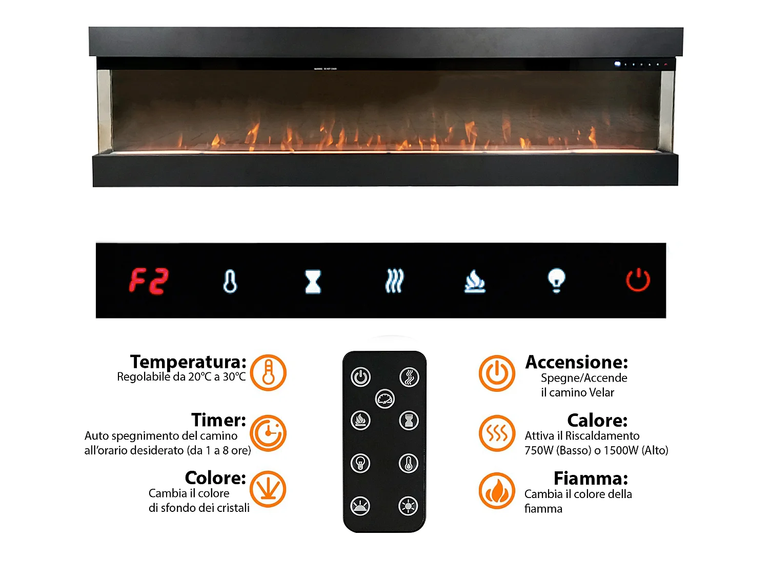 Tempo Style - Camino elettrico VELAR | Stufa ventilata a parete da incasso a basso consumo, con telecomando, timer, decorazioni (Nero, 182cm)