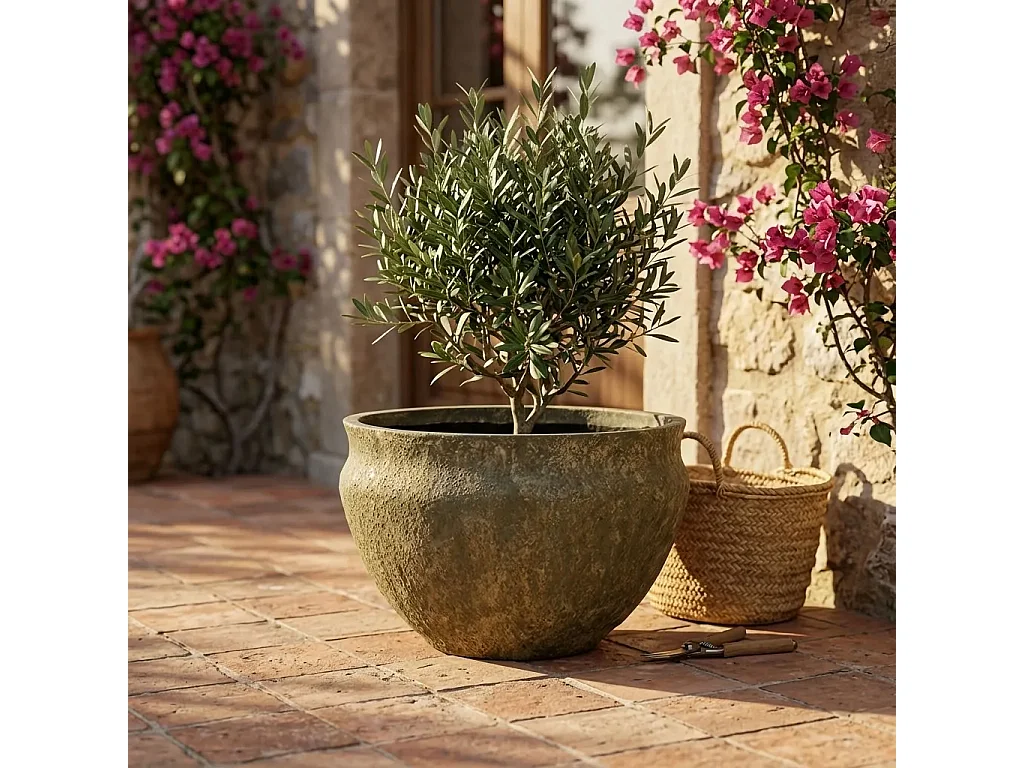 Tempo Style - Vaso Tondo Basso in Cemento Verde da Interno ed Esterno | Ciotola Grande Effetto Pietra per Giardino e Terrazzo | Ø 51,5 x 33 cm