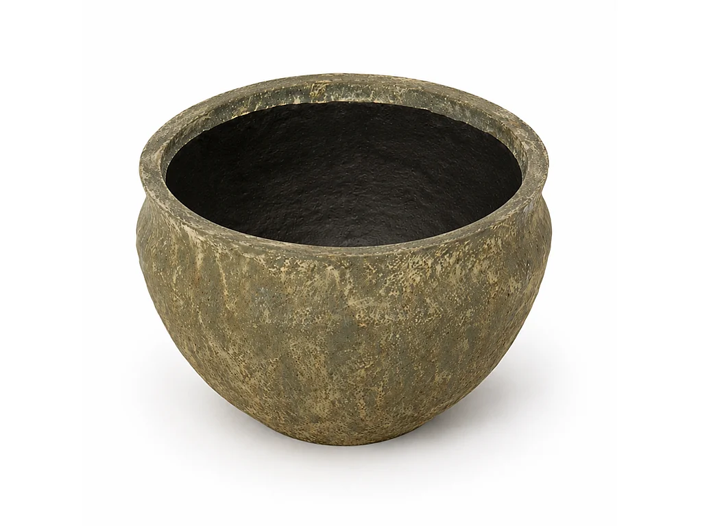 Tempo Style - Vaso Tondo Basso in Cemento Verde da Interno ed Esterno | Ciotola Grande Effetto Pietra per Giardino e Terrazzo | Ø 51,5 x 33 cm