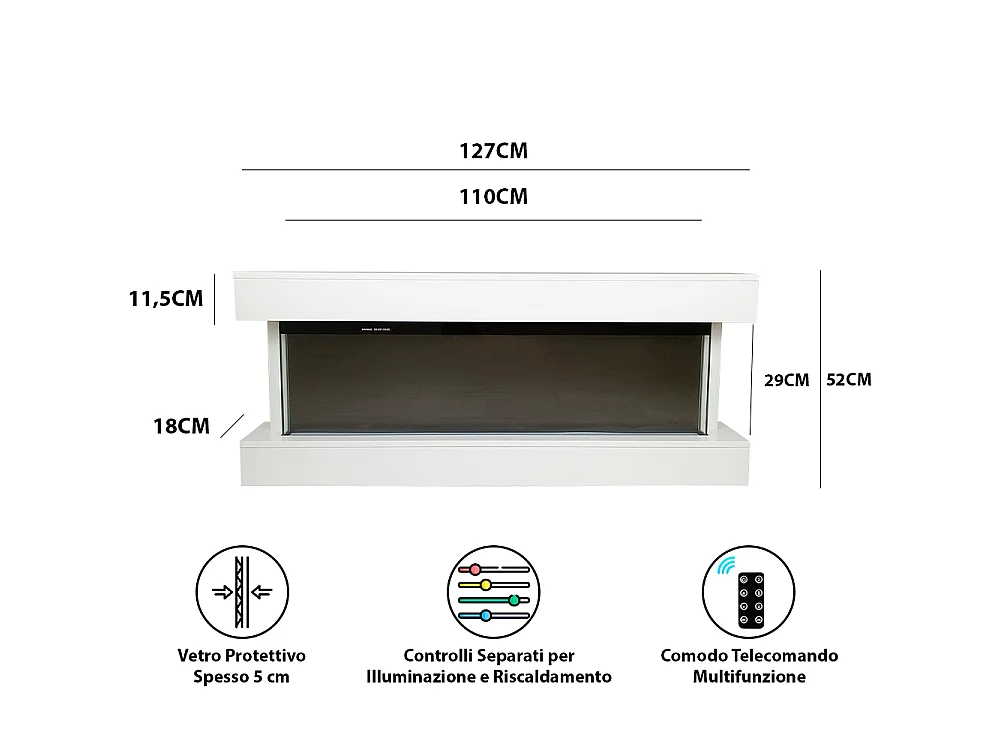 Tempo Style - Camino elettrico ALARO PLUS | Stufa ventilata a parete da incasso a basso consumo, con telecomando, timer, decorazioni (Bianco, 128cm)