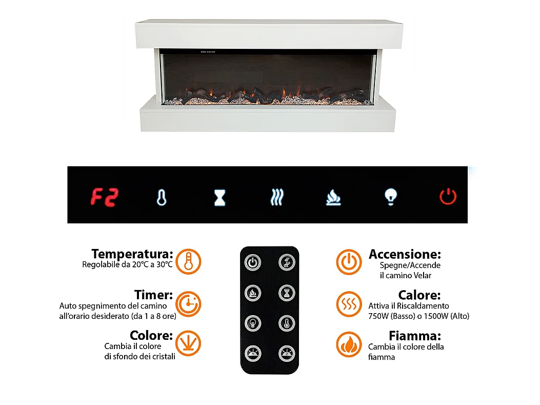 Tempo Style - Camino elettrico ALARO PLUS | Stufa ventilata a parete da incasso a basso consumo, con telecomando, timer, decorazioni (Bianco, 128cm)