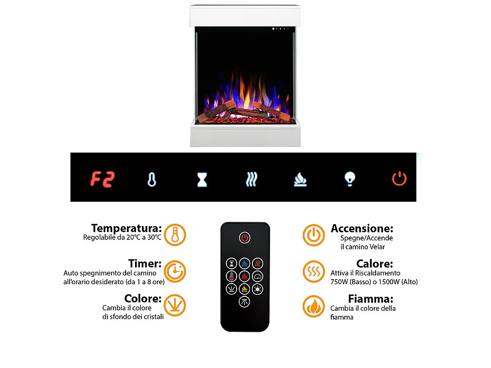 Tempo Style - Caminetto elettrico CALLIOPE Bianco con Cassa Bluetooth integrata | Effetto fuoco reale 750 - 1.500 W