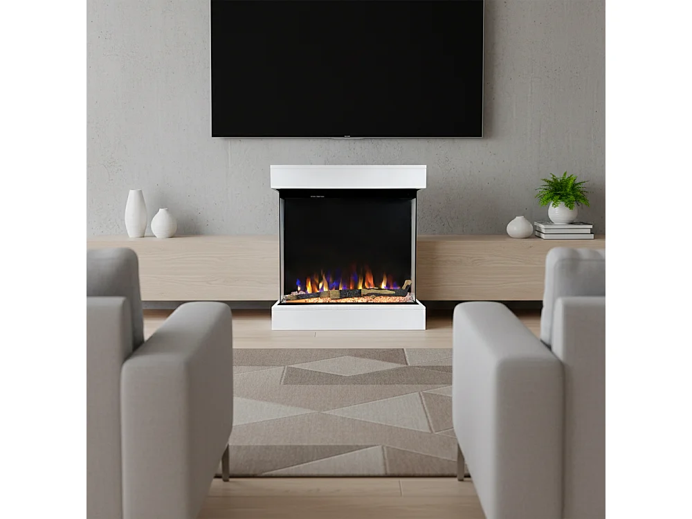 Tempo Style - Caminetto elettrico CALLIOPE Bianco con Cassa Bluetooth integrata | Effetto fuoco reale 750 - 1.500 W