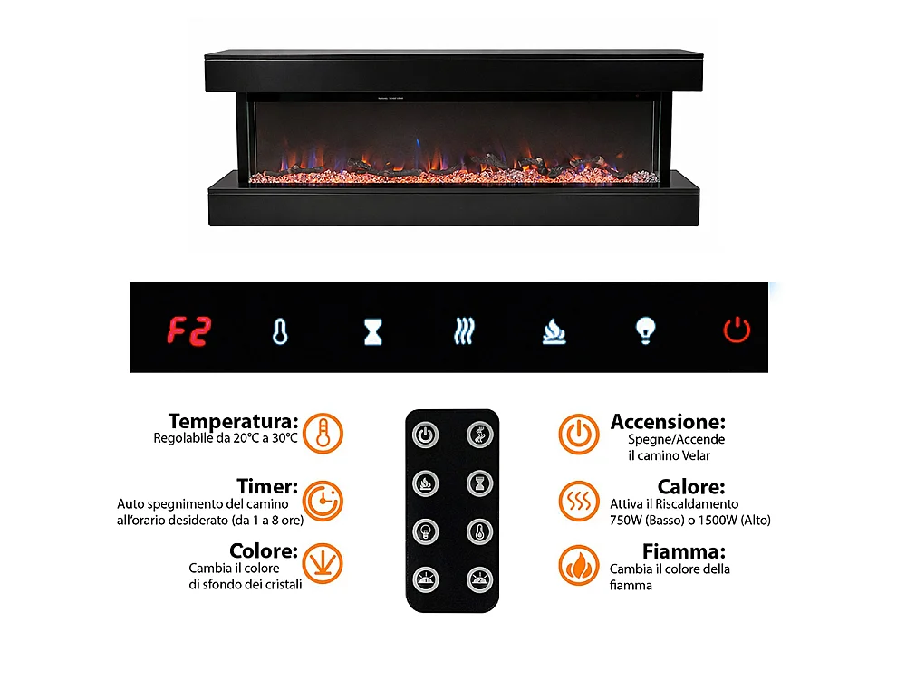 Tempo Style - Camino elettrico ALARO ULTRA+ | Stufa ventilata a parete da incasso a basso consumo, con telecomando, timer, decorazioni (Nero, 152cm)