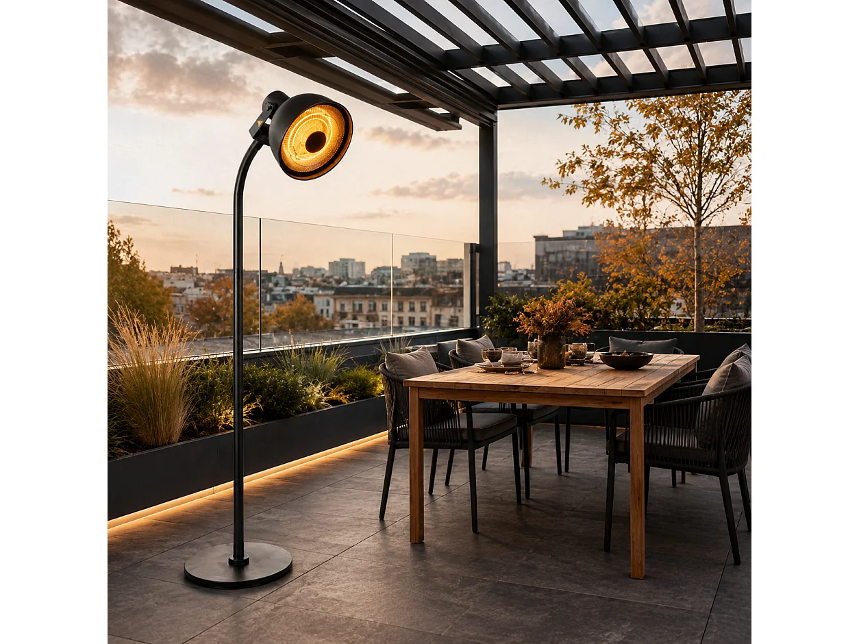 Tempo Style – Elektrischer, schwenkbarer Heizpilz für den Außenbereich „Cosmos“ (3000 W, Schwarz) | Halogenstrahler mit WLAN, Fernbedienung und Schutzhülle, IPX4 |