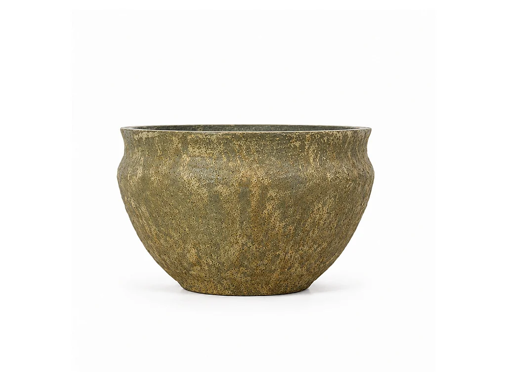 Tempo Style - Vaso Tondo Basso in Cemento Verde da Interno ed Esterno | Ciotola Effetto Pietra per Giardino e Terrazzo | Ø 41,5 x 27 cm