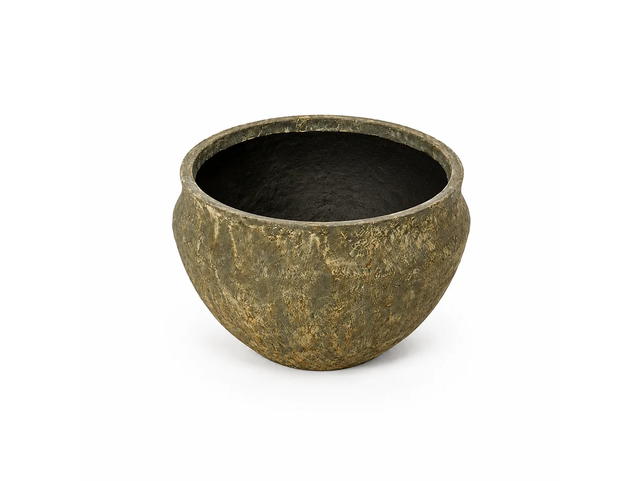 Tempo Style - Vaso Tondo Basso in Cemento Verde da Interno ed Esterno | Ciotola Effetto Pietra per Giardino e Terrazzo | Ø 41,5 x 27 cm