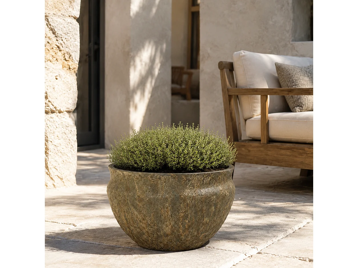 Tempo Style - Vaso Tondo Basso in Cemento Verde da Interno ed Esterno | Ciotola Effetto Pietra per Giardino e Terrazzo | Ø 41,5 x 27 cm