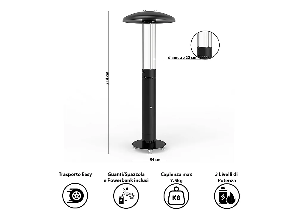 Tempo Style - Stufa a Pellet da Esterno Lumea | Riscaldamento fino a 6 ore Potenza Regolabile 4,6-7 kW | Include Ruote, Guanti, Spazzola e Powerbank
