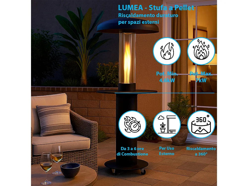 Tempo Style - Stufa a Pellet da Esterno Lumea | Riscaldamento fino a 6 ore Potenza Regolabile 4,6-7 kW | Include Ruote, Guanti, Spazzola e Powerbank