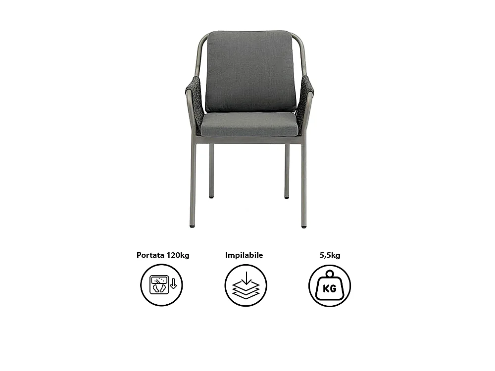 Tempo Style - Set 3 sedie da pranzo in corda con cuscini Pest grigio