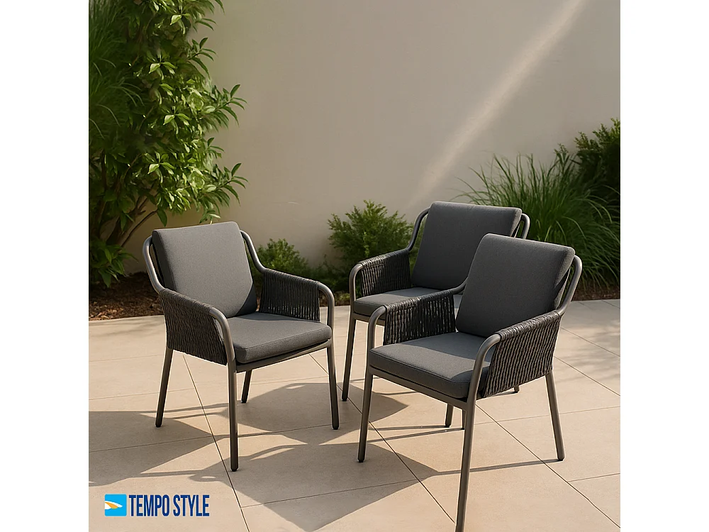 Tempo Style - Set 3 sedie da pranzo in corda con cuscini Pest grigio