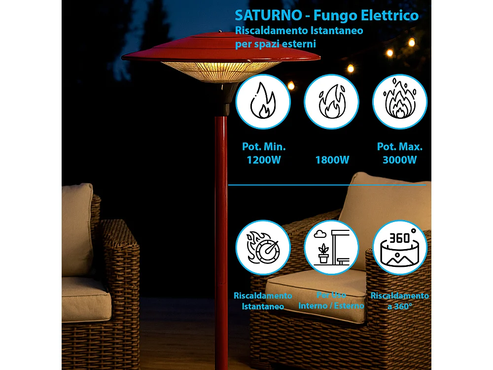 Tempo Style - Stufa Elettrica SATURNO | Fungo Riscaldante ad Infrarossi (3000W) dal Design Elegante | Ideale per Esterno/Interno (Bordeaux)