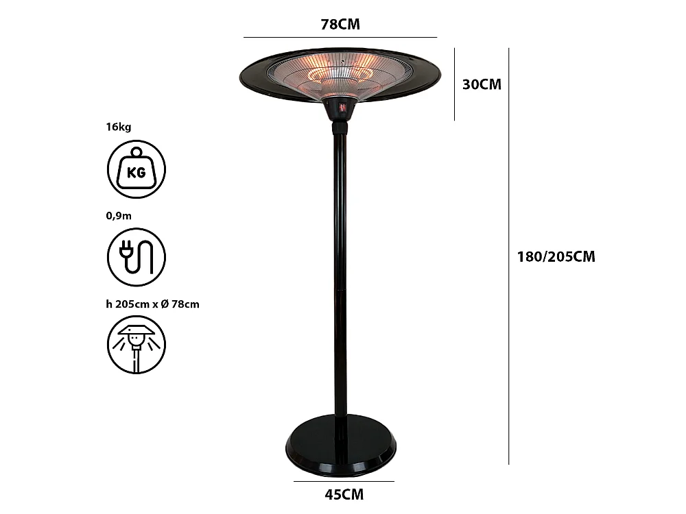 Tempo Style - Stufa Elettrica SATURNO | Fungo Riscaldante ad Infrarossi (3000W) dal Design Elegante | Ideale per Esterno/Interno (Nero)