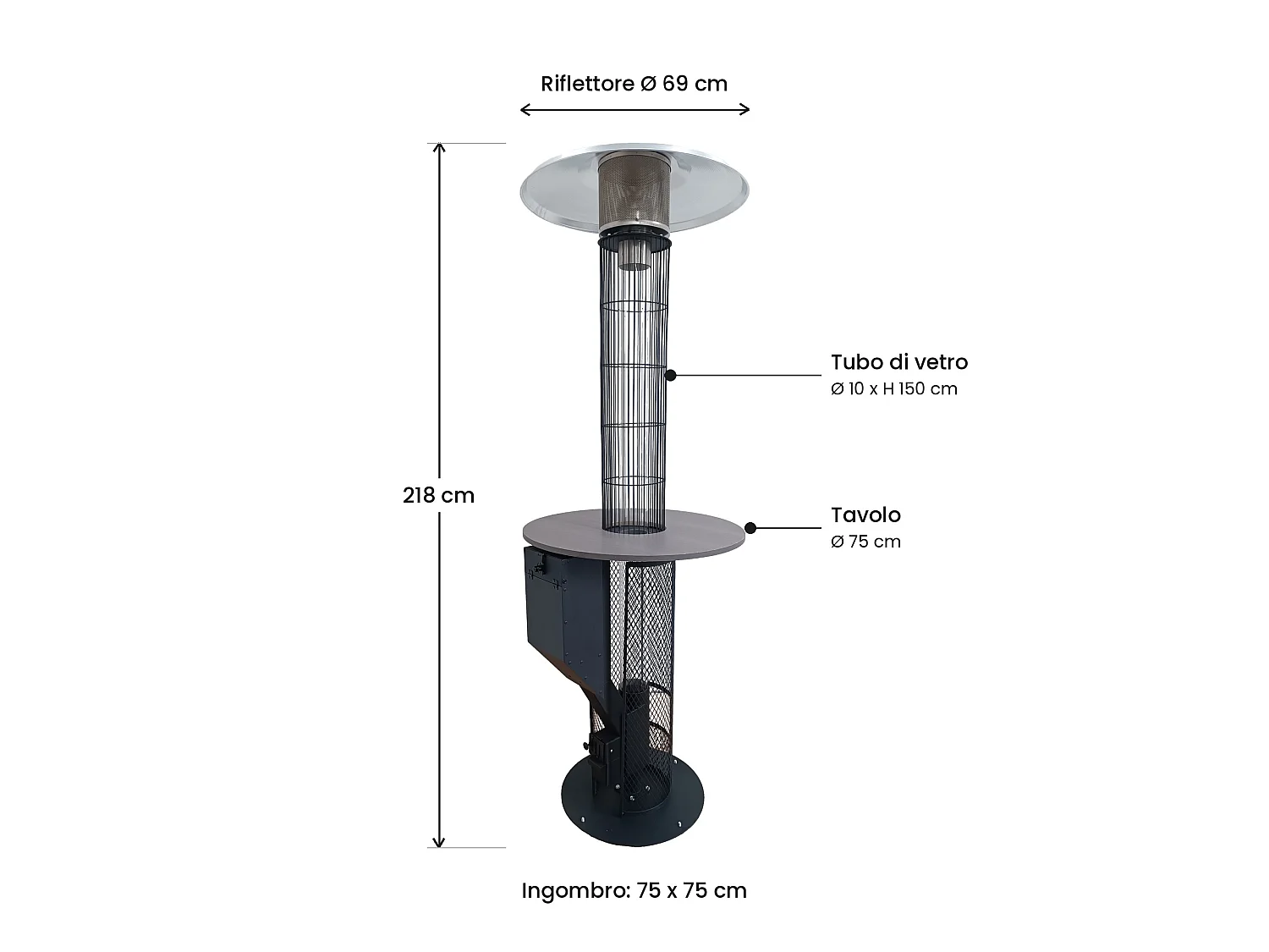 Tempo Style - Riscaldatore a Pellet da Esterno Ignis 13 kW con Tavolo | Fungo Riscaldante con Fiamma a Vista per Giardino e Dehors | H 218 cm