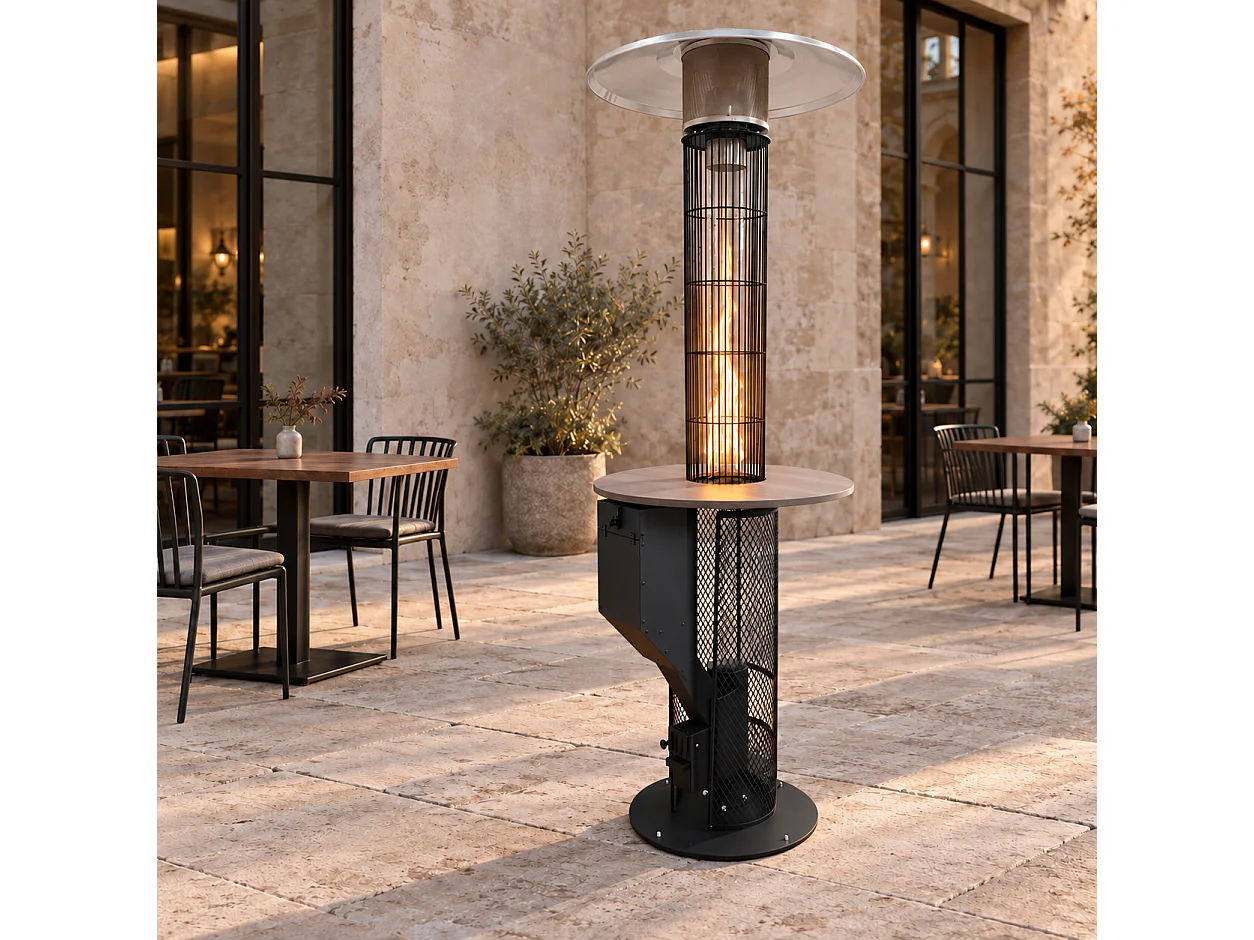 Tempo Style - Riscaldatore a Pellet da Esterno Ignis 13 kW con Tavolo | Fungo Riscaldante con Fiamma a Vista per Giardino e Dehors | H 218 cm