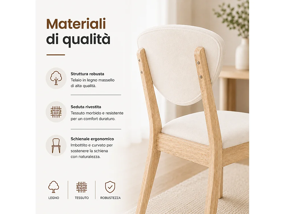 Set 2 Sedie da Pranzo in Legno Chiaro Rivestimento in Tessuto Crema 52x47x84 cm