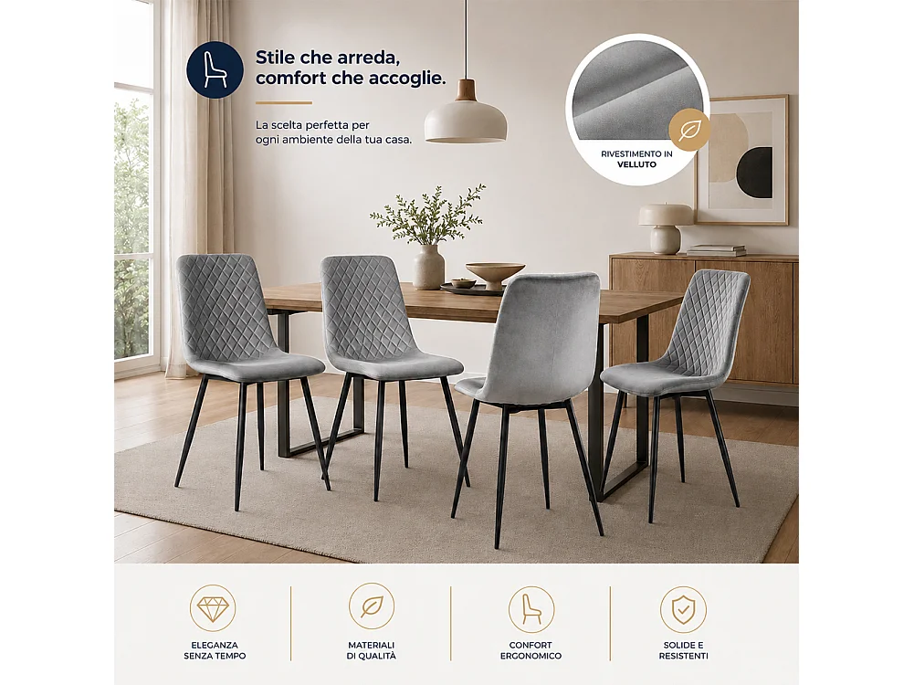 Set 4 Sedie Grigio Chiaro Rivestimento in Velluto e Piedi Neri Seduta Ergonomica