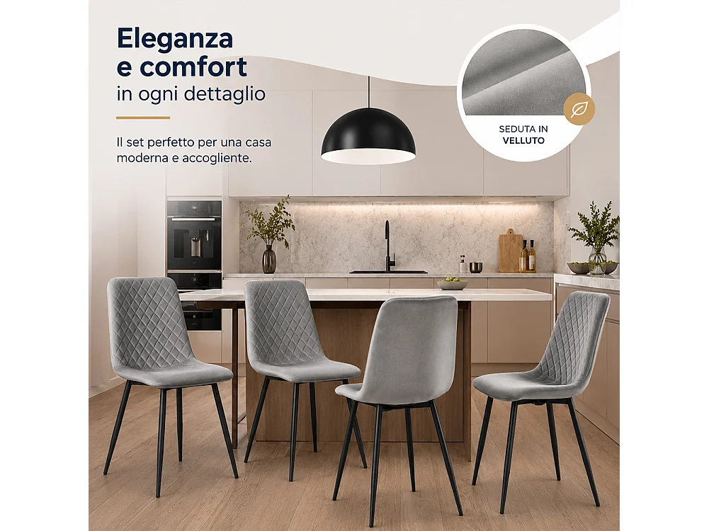 Set 4 Sedie Grigio Chiaro Rivestimento in Velluto e Piedi Neri Seduta Ergonomica