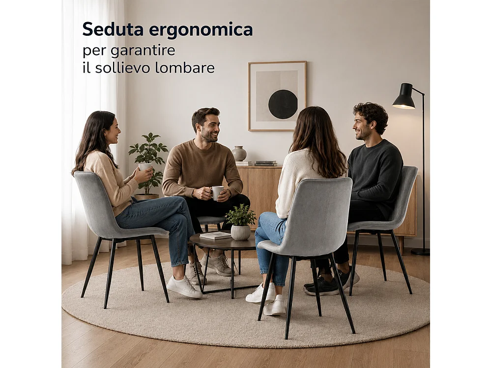 Set 4 Sedie Grigio Chiaro Rivestimento in Velluto e Piedi Neri Seduta Ergonomica