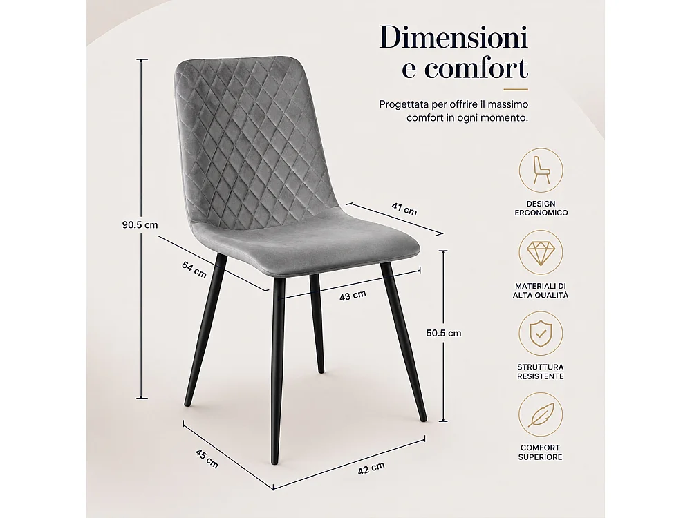 Set 4 Sedie Grigio Chiaro Rivestimento in Velluto e Piedi Neri Seduta Ergonomica