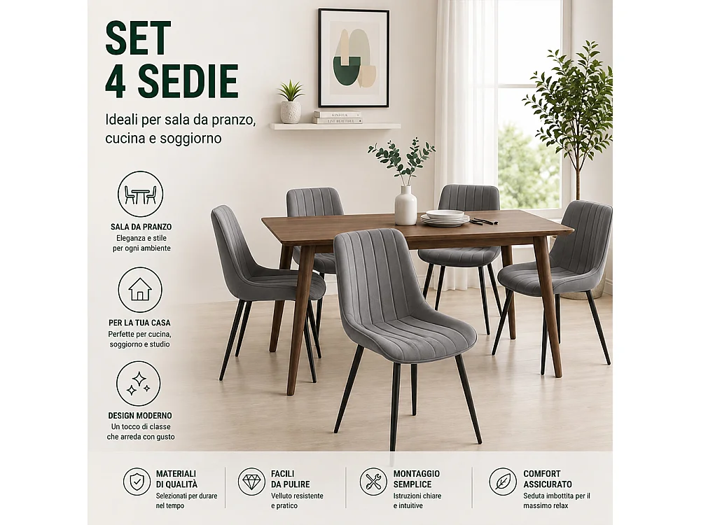 Set 4 Sedie da Pranzo Grigio in Velluto Seduta Ergonomica e Struttura Acciaio