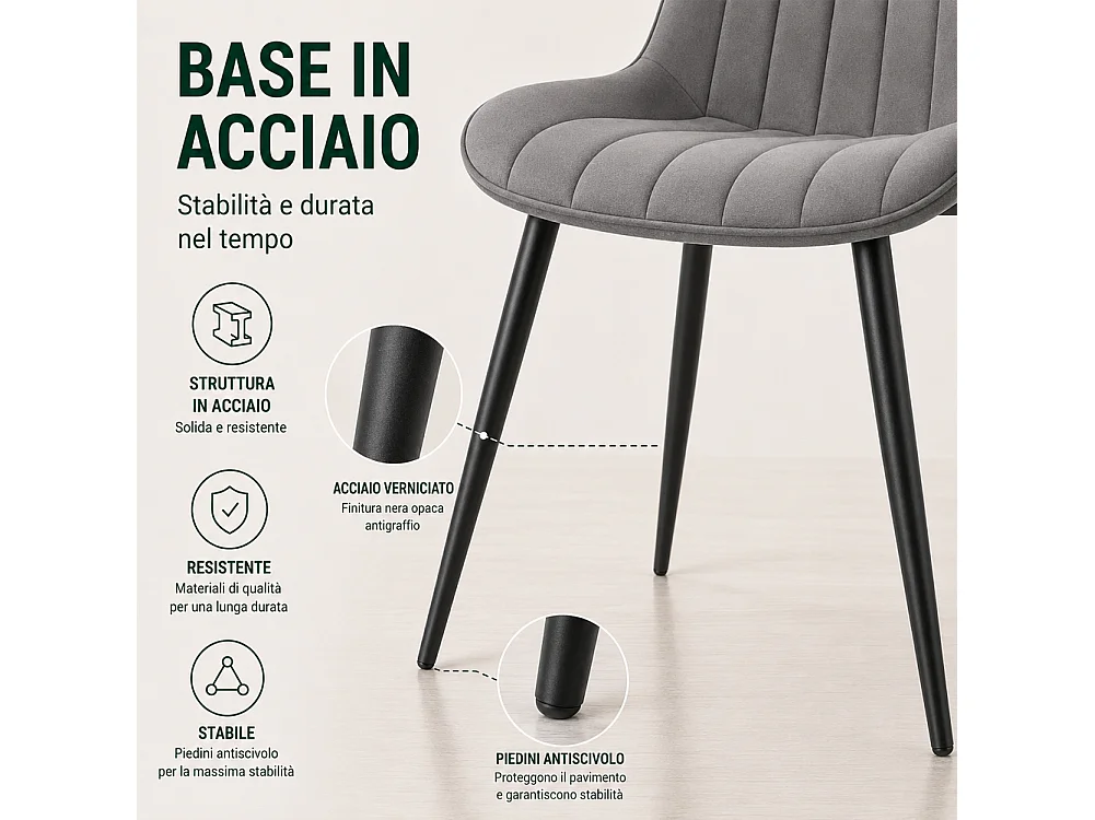 Set 4 Sedie da Pranzo Grigio in Velluto Seduta Ergonomica e Struttura Acciaio
