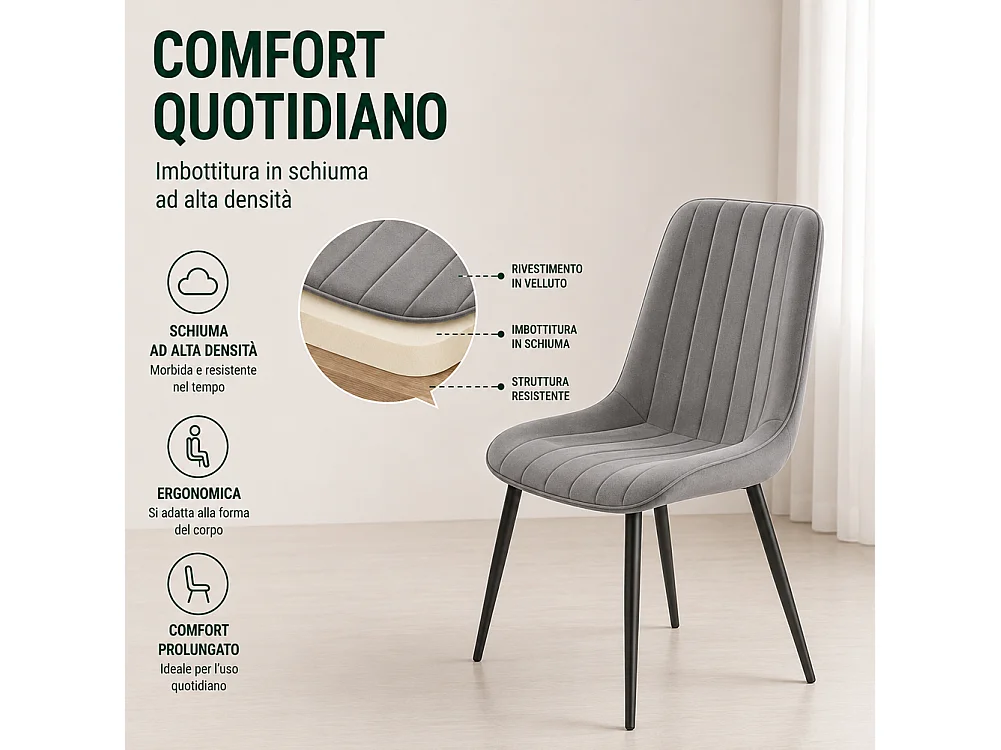 Set 4 Sedie da Pranzo Grigio in Velluto Seduta Ergonomica e Struttura Acciaio