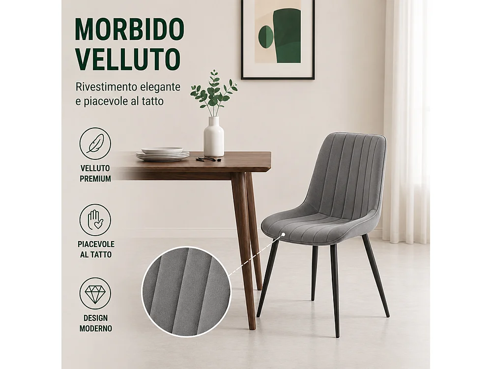 Set 4 Sedie da Pranzo Grigio in Velluto Seduta Ergonomica e Struttura Acciaio