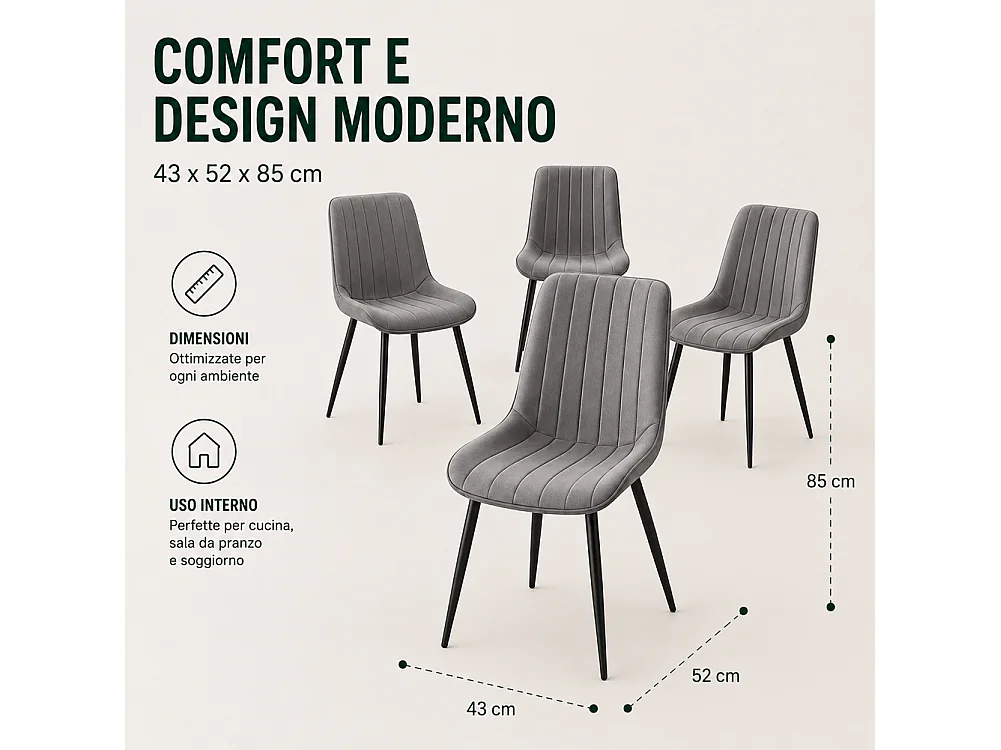 Set 4 Sedie da Pranzo Grigio in Velluto Seduta Ergonomica e Struttura Acciaio