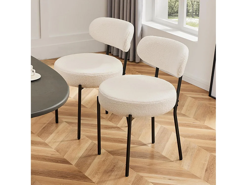 Set 4 Sedie da Pranzo con Gambe Metallo e Seduta Tessuto Teddy Imbottita Crema