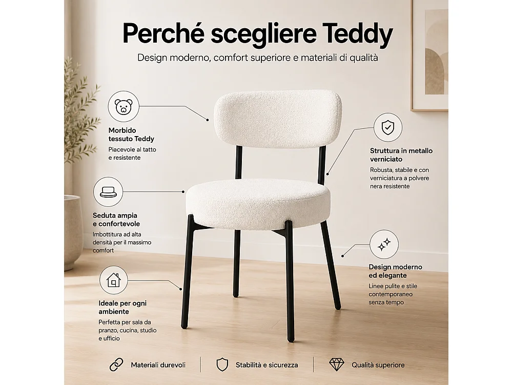 Set 4 Sedie da Pranzo con Gambe Metallo e Seduta Tessuto Teddy Imbottita Crema