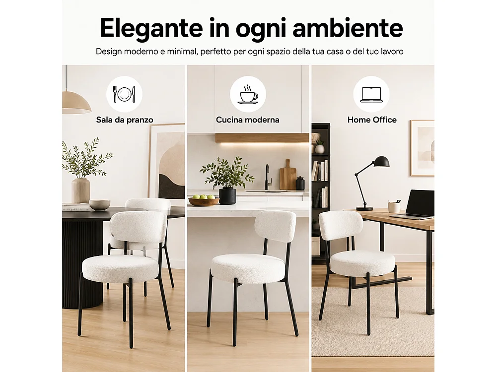 Set 4 Sedie da Pranzo con Gambe Metallo e Seduta Tessuto Teddy Imbottita Crema