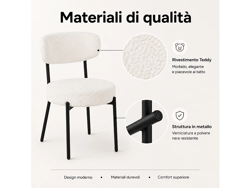 Set 4 Sedie da Pranzo con Gambe Metallo e Seduta Tessuto Teddy Imbottita Crema