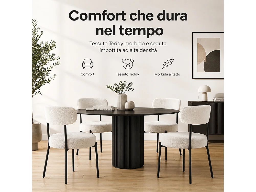 Set 4 Sedie da Pranzo con Gambe Metallo e Seduta Tessuto Teddy Imbottita Crema