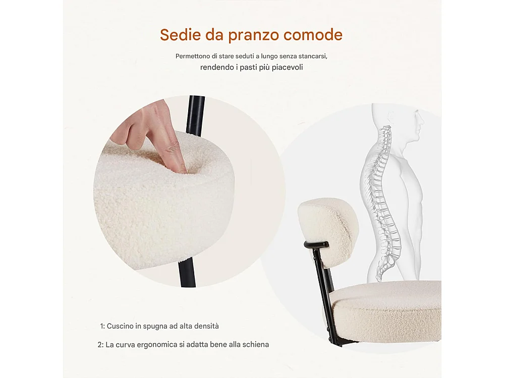Set 4 Sedie da Pranzo con Gambe Metallo e Seduta Tessuto Teddy Imbottita Crema