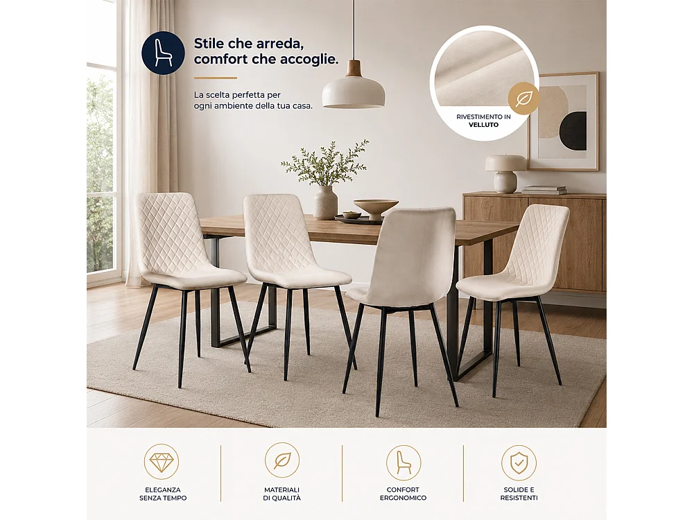 Set 4 Sedie Beige con Rivestimento in Velluto e Piedi Neri Seduta Ergonomica