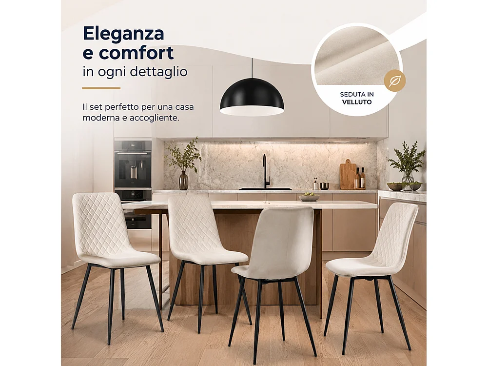 Set 4 Sedie Beige con Rivestimento in Velluto e Piedi Neri Seduta Ergonomica