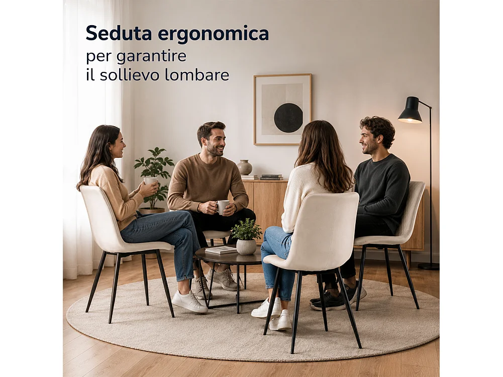 Set 4 Sedie Beige con Rivestimento in Velluto e Piedi Neri Seduta Ergonomica