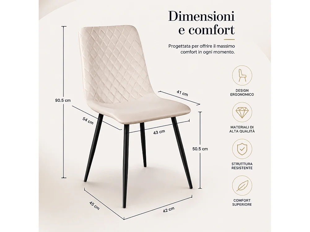 Set 4 Sedie Beige con Rivestimento in Velluto e Piedi Neri Seduta Ergonomica