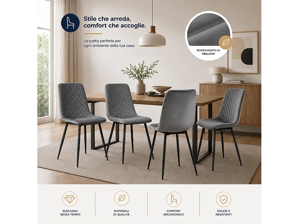 Set 4 Sedie Grigio con Rivestimento in Velluto e Piedi Neri Seduta Ergonomica