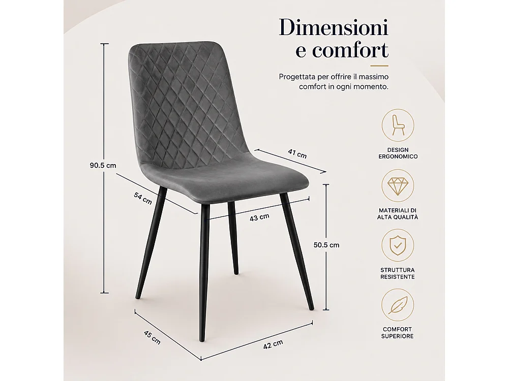 Set 4 Sedie Grigio con Rivestimento in Velluto e Piedi Neri Seduta Ergonomica