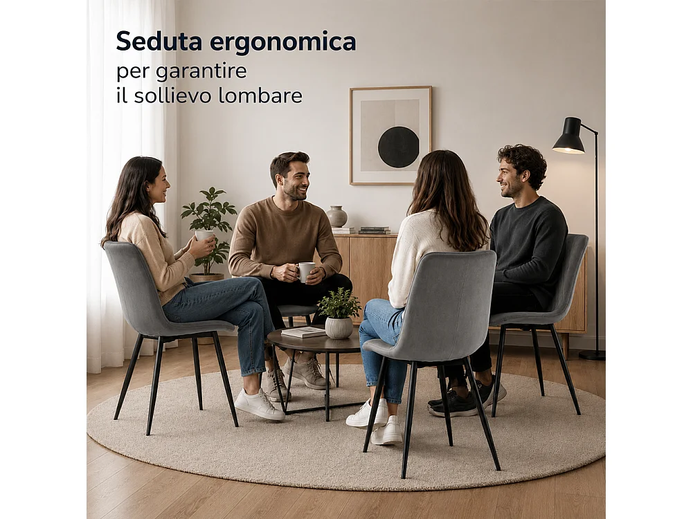 Set 4 Sedie Grigio con Rivestimento in Velluto e Piedi Neri Seduta Ergonomica