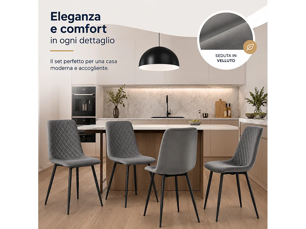 Set 4 Sedie Grigio con Rivestimento in Velluto e Piedi Neri Seduta Ergonomica