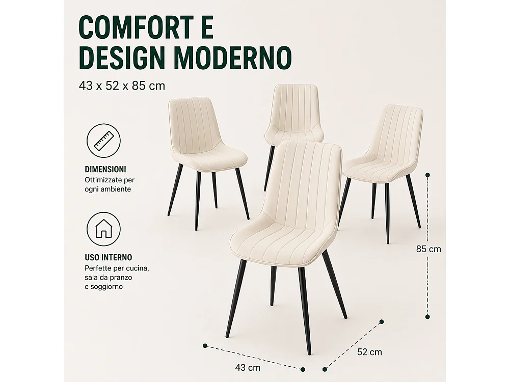Set 4 Sedie da Pranzo Crema in Velluto Seduta Ergonomica e Struttura in Acciaio