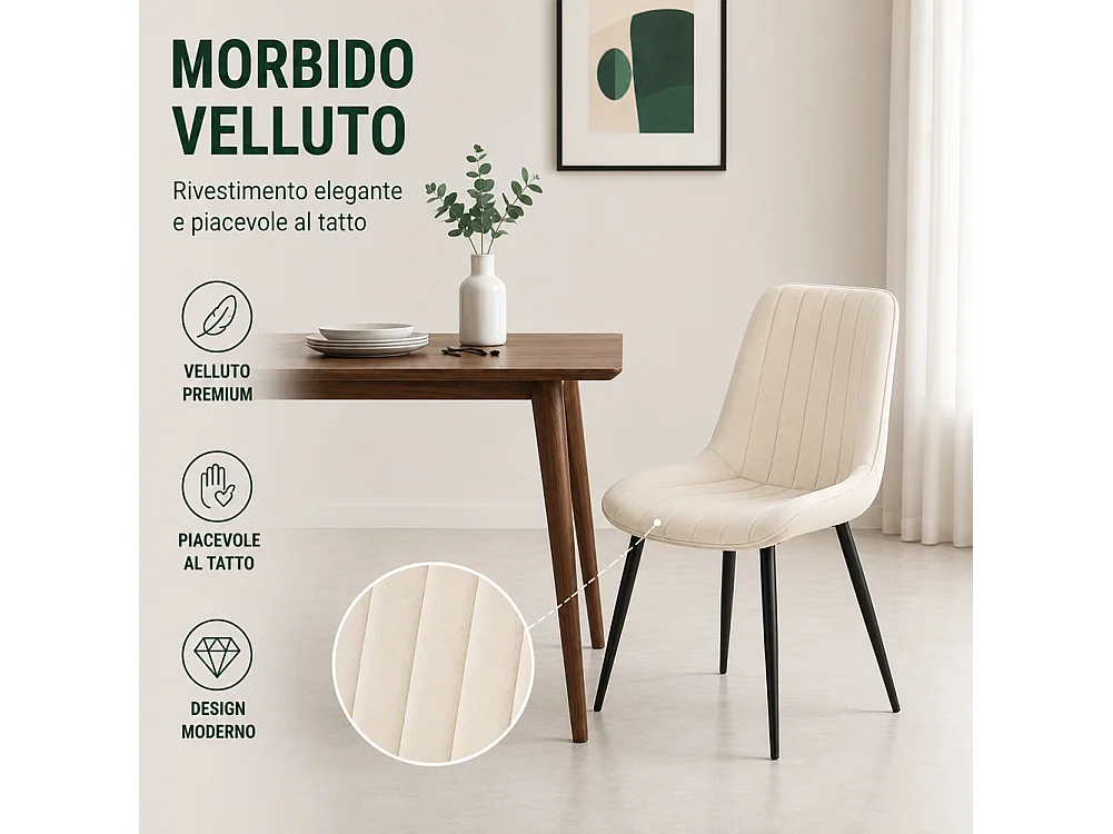 Set 4 Sedie da Pranzo Crema in Velluto Seduta Ergonomica e Struttura in Acciaio