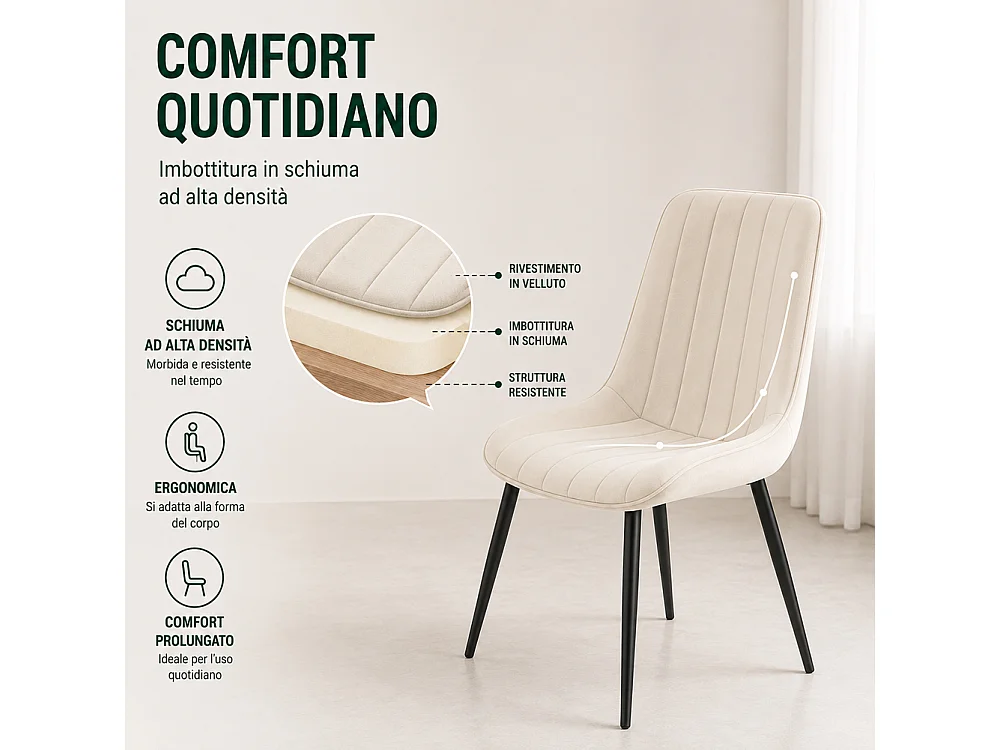Set 4 Sedie da Pranzo Crema in Velluto Seduta Ergonomica e Struttura in Acciaio