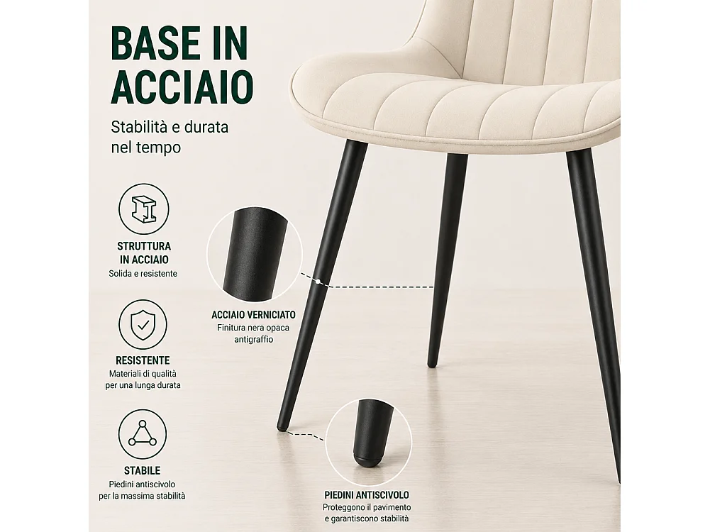 Set 4 Sedie da Pranzo Crema in Velluto Seduta Ergonomica e Struttura in Acciaio