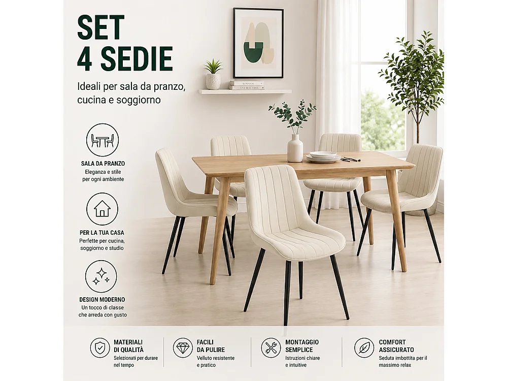 Set 4 Sedie da Pranzo Crema in Velluto Seduta Ergonomica e Struttura in Acciaio