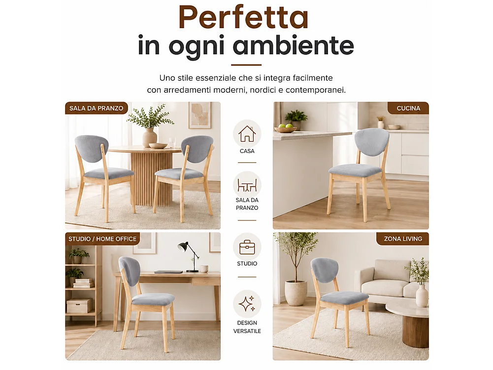Set 2 Sedie da Pranzo in Legno Chiaro Rivestimento in Tessuto Grigio 52x47x84 cm